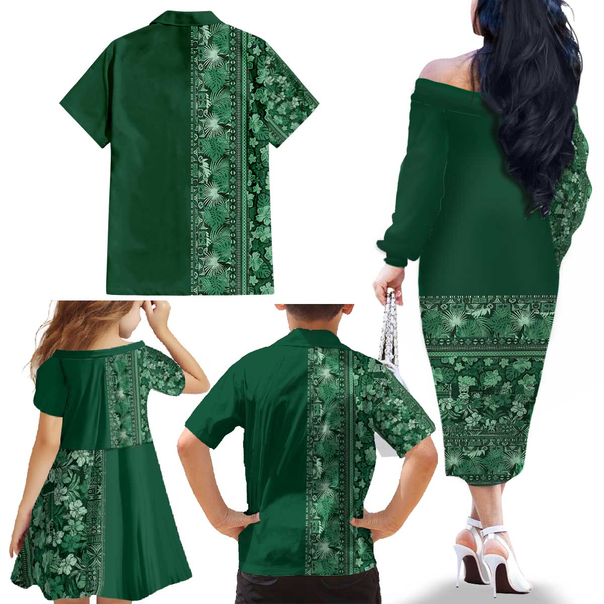 Hawaiian Tribal Elements Hibiscus Family Matching Off The Shoulder Long Sleeve Dress and Hawaiian Shirt Green Pattern - Polynesian Pride