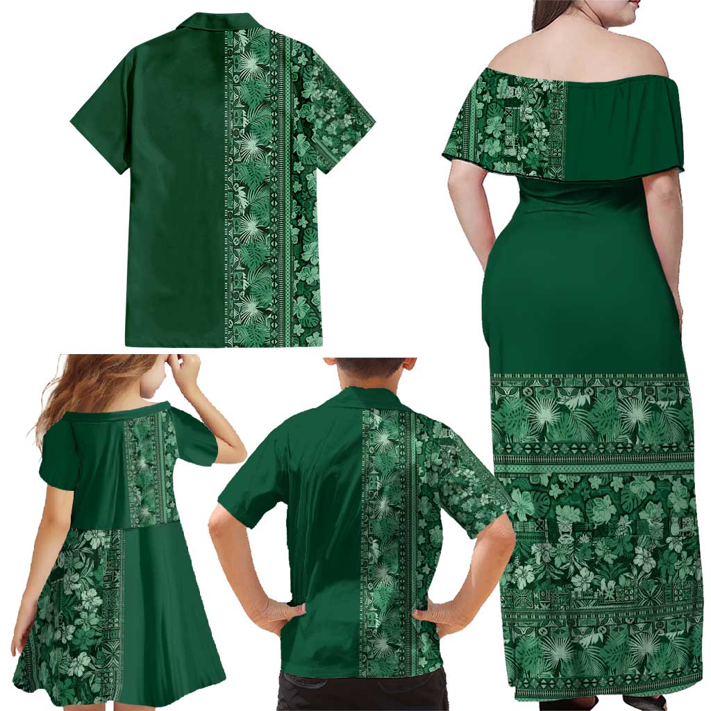 Hawaiian Tribal Elements Hibiscus Family Matching Off Shoulder Maxi Dress and Hawaiian Shirt Green Pattern - Polynesian Pride
