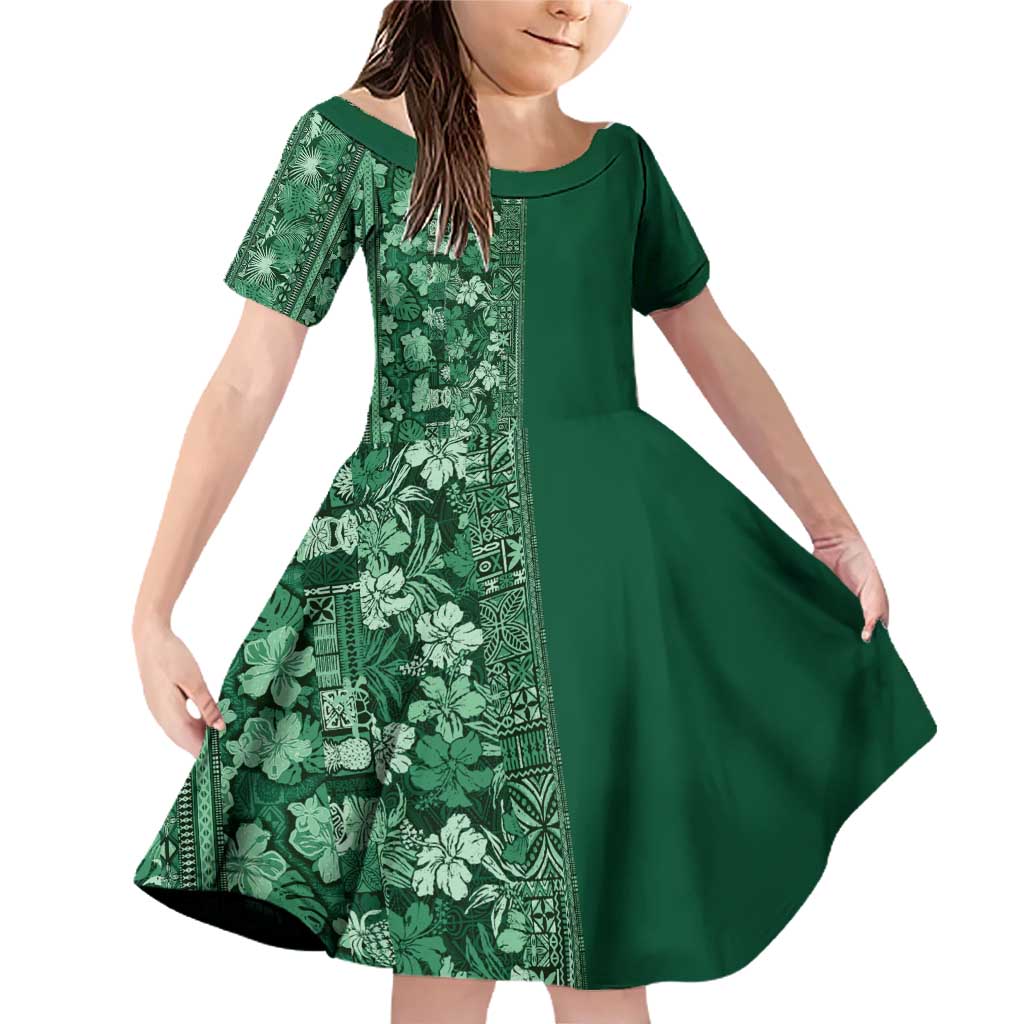 Hawaiian Tribal Elements Hibiscus Family Matching Off Shoulder Short Dress and Hawaiian Shirt Green Pattern - Polynesian Pride