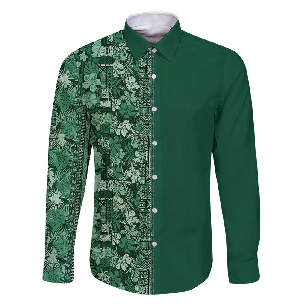 Hawaiian Tribal Elements Hibiscus Family Matching Off Shoulder Short Dress and Hawaiian Shirt Green Pattern - Polynesian Pride