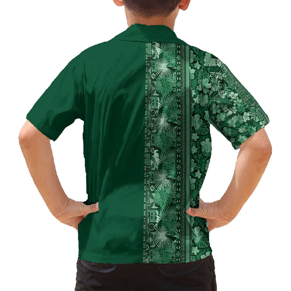 Hawaiian Tribal Elements Hibiscus Family Matching Puletasi and Hawaiian Shirt Green Pattern - Polynesian Pride