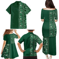 Hawaiian Tribal Elements Hibiscus Family Matching Puletasi and Hawaiian Shirt Green Pattern - Polynesian Pride