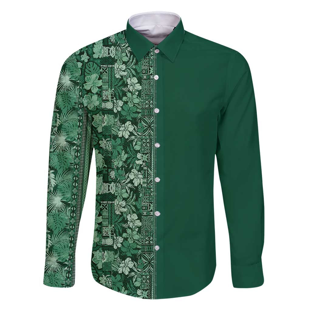 Hawaiian Tribal Elements Hibiscus Family Matching Puletasi and Hawaiian Shirt Green Pattern - Polynesian Pride
