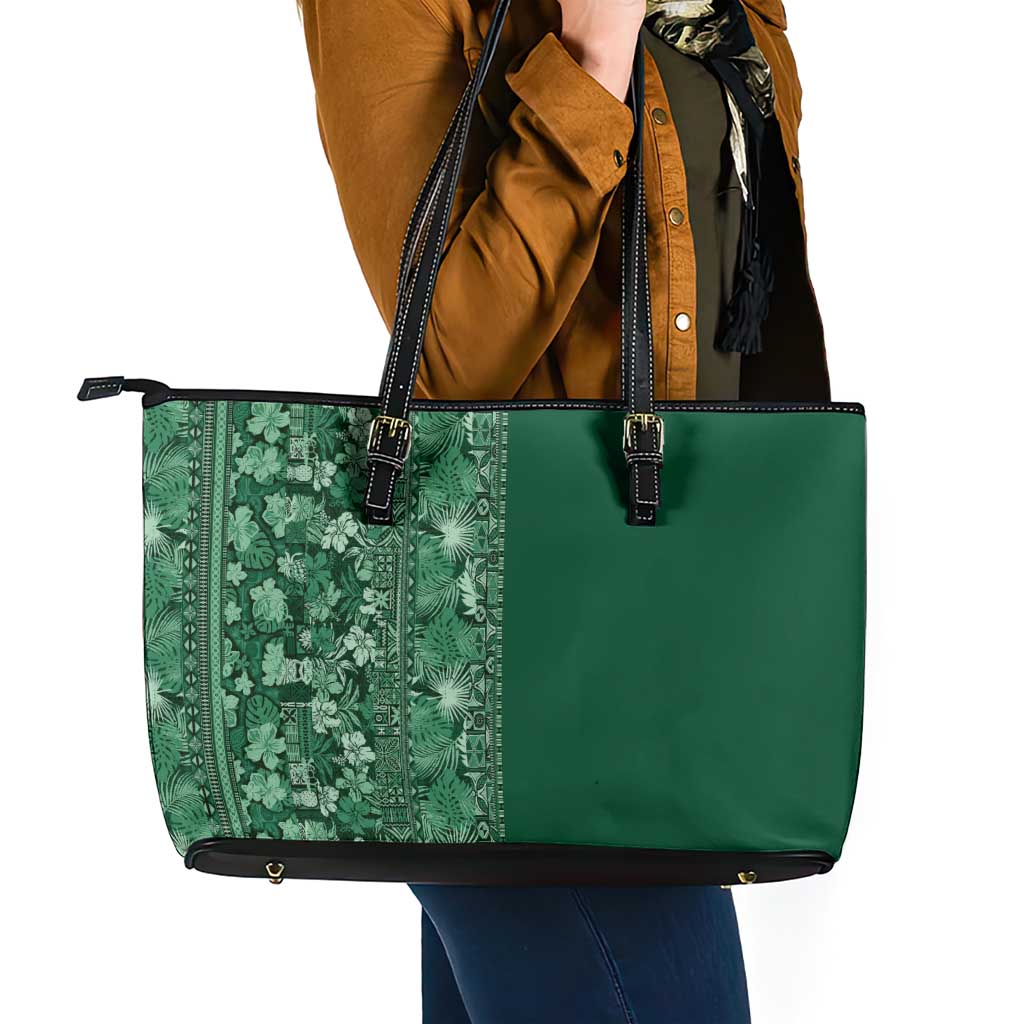 Hawaiian Tribal Elements Hibiscus Leather Tote Bag Green Pattern LT9 - Polynesian Pride