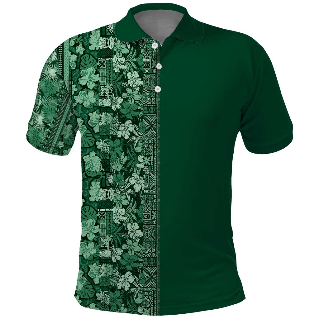 Hawaiian Tribal Elements Hibiscus Polo Shirt Green Pattern - Polynesian Pride