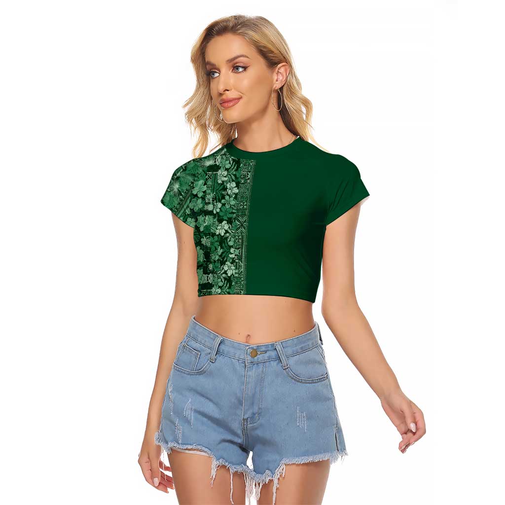 Hawaiian Tribal Elements Hibiscus Raglan Cropped T Shirt Green Pattern LT9 Female Green - Polynesian Pride