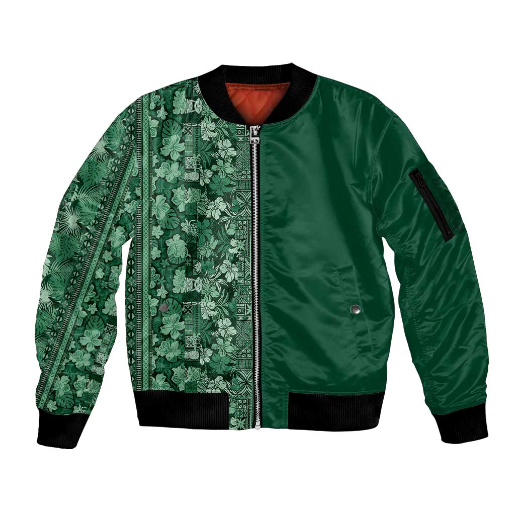 Hawaiian Tribal Elements Hibiscus Sleeve Zip Bomber Jacket Green Pattern LT9 Unisex Green - Polynesian Pride