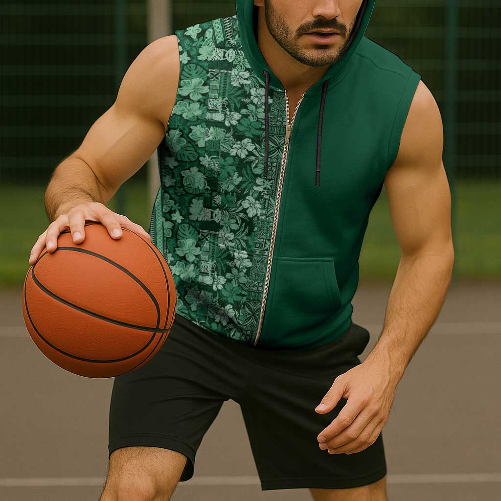 Hawaiian Tribal Elements Hibiscus Sleeveless Zip Hoodie Green Pattern - Polynesian Pride