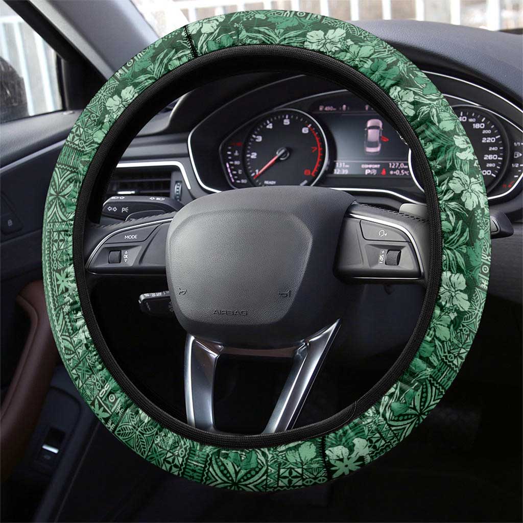 Hawaiian Tribal Elements Hibiscus Steering Wheel Cover Green Pattern - Polynesian Pride