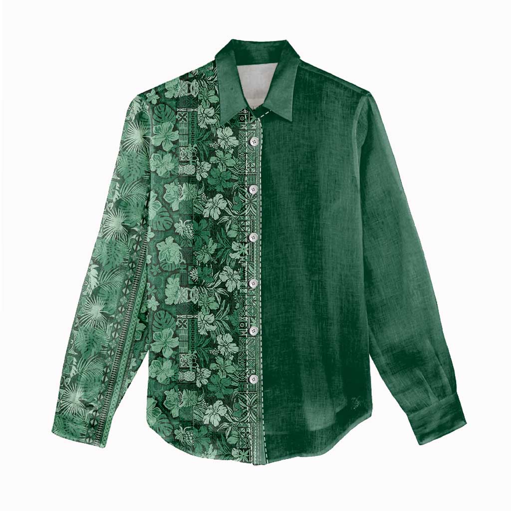 Hawaiian Tribal Elements Hibiscus Women Casual Shirt Green Pattern - Polynesian Pride