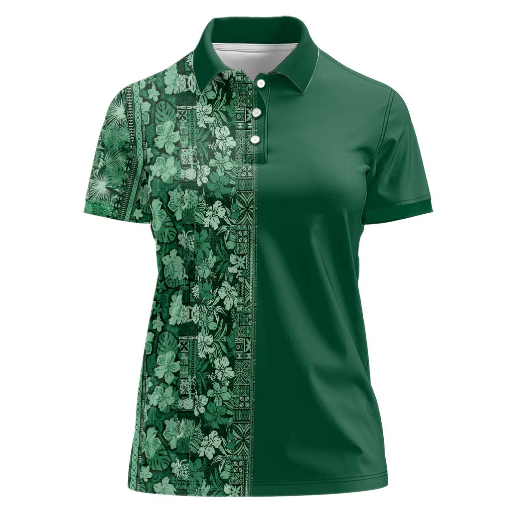 Hawaiian Tribal Elements Hibiscus Women Polo Shirt Green Pattern - Polynesian Pride
