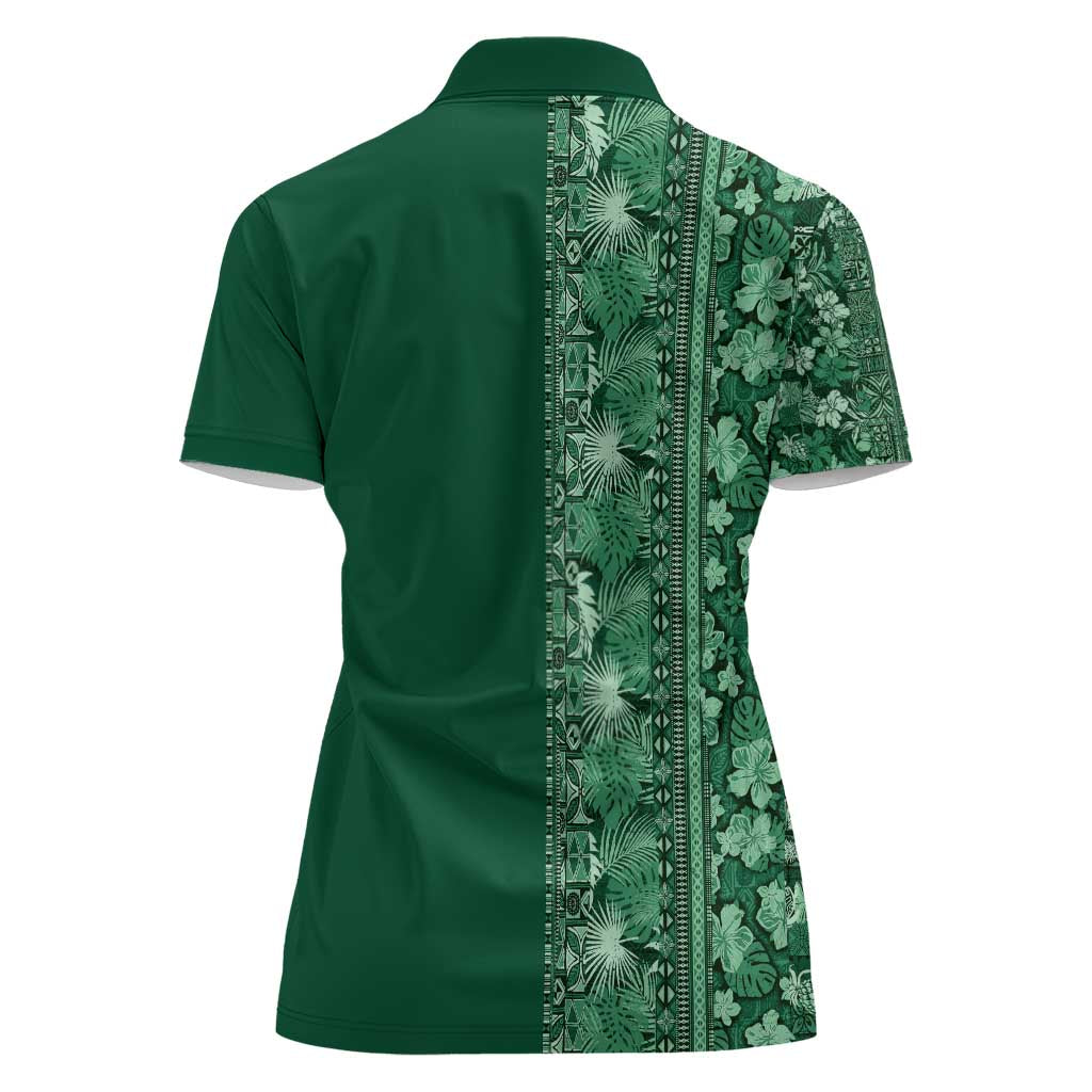 Hawaiian Tribal Elements Hibiscus Women Polo Shirt Green Pattern - Polynesian Pride