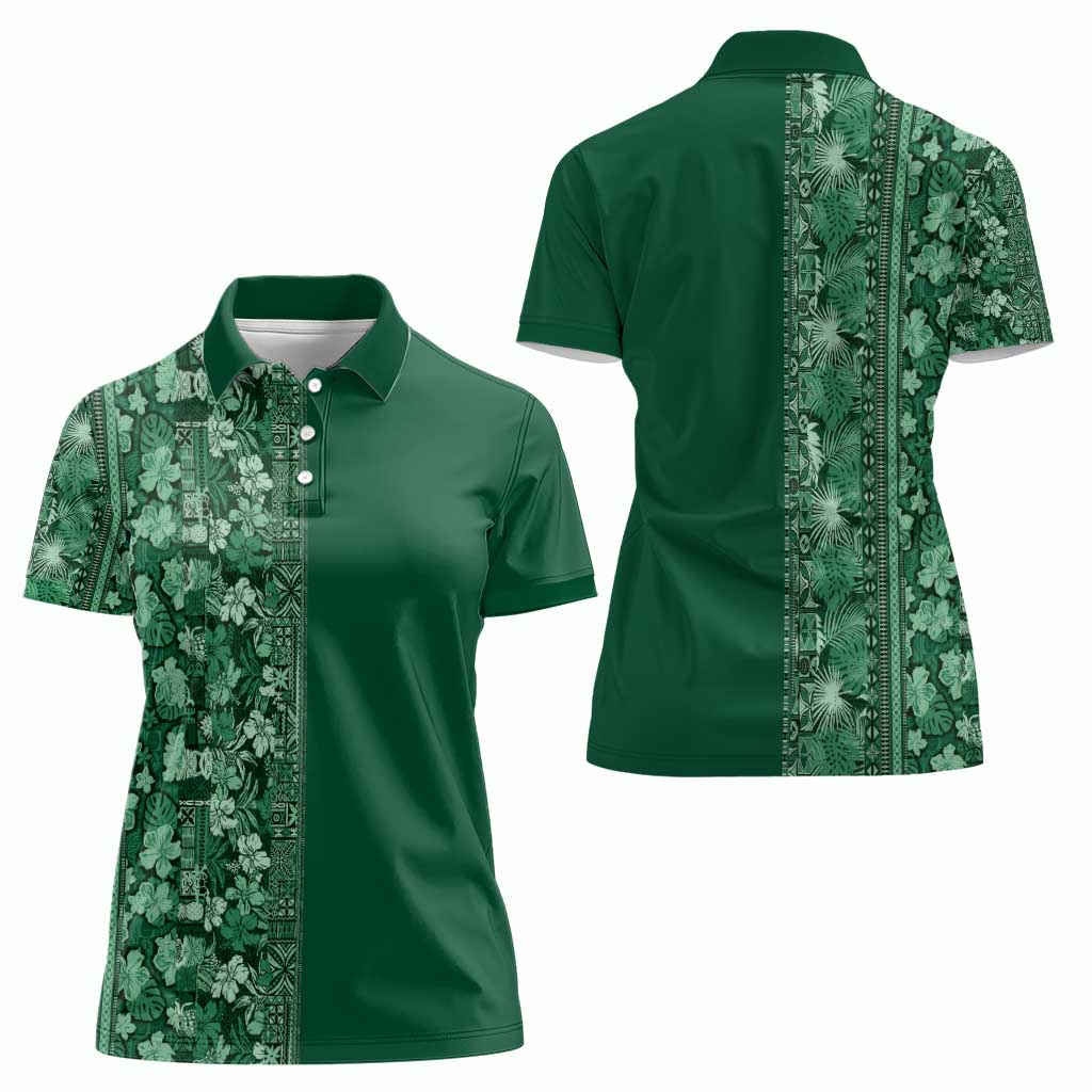 Hawaiian Tribal Elements Hibiscus Women Polo Shirt Green Pattern - Polynesian Pride