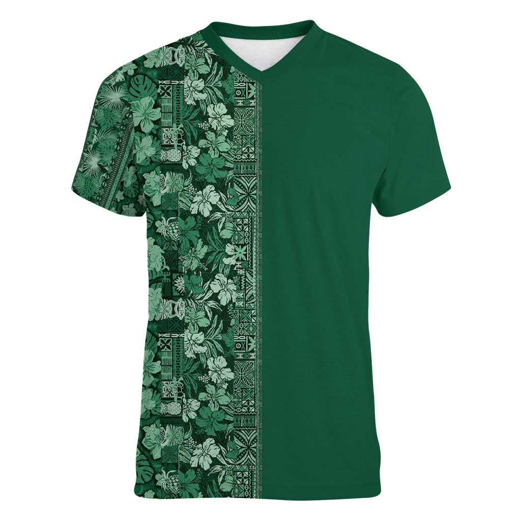 Hawaiian Tribal Elements Hibiscus Women V-Neck T-Shirt Green Pattern LT9 Female Green - Polynesian Pride