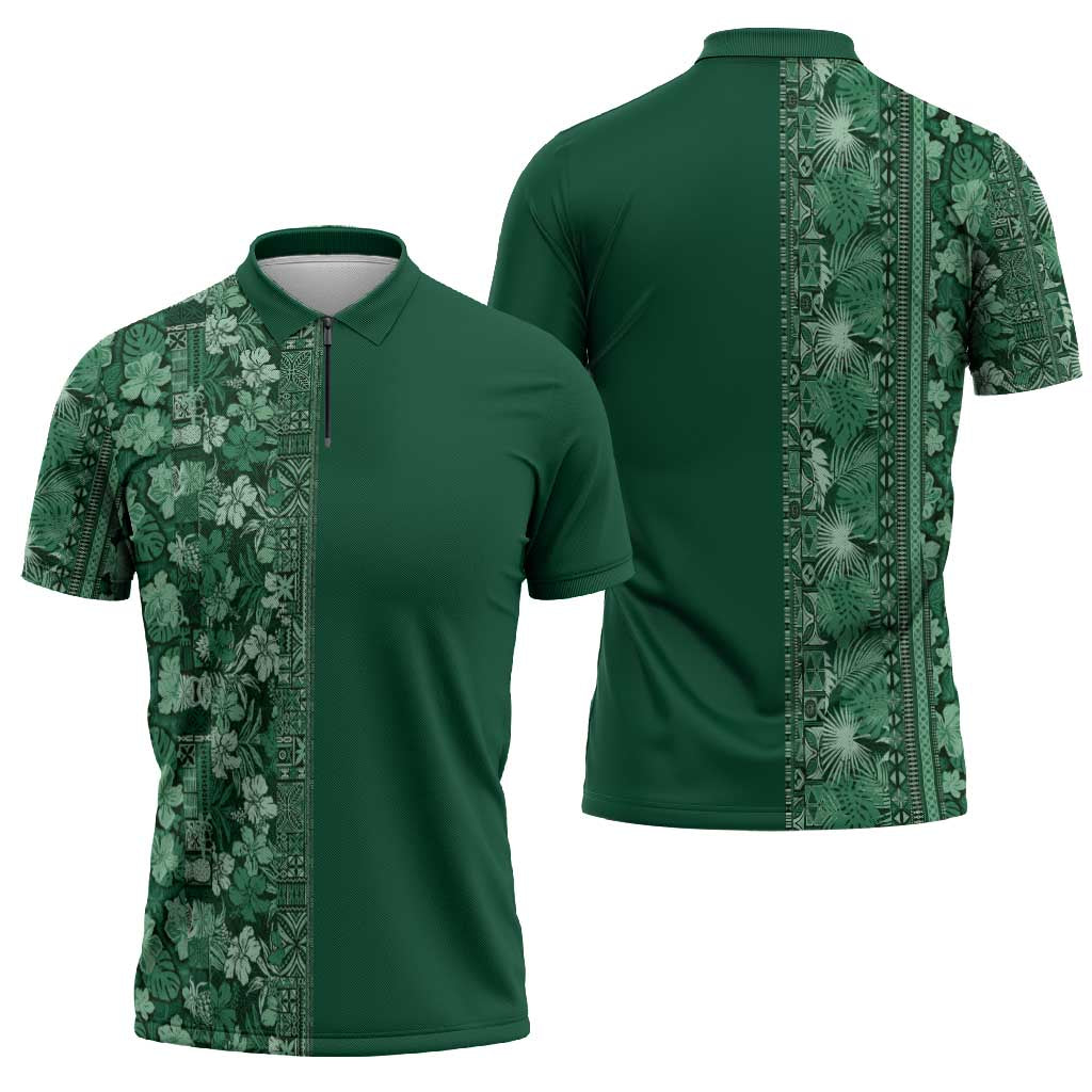 Hawaiian Tribal Elements Hibiscus Zipper Polo Shirt Green Pattern - Polynesian Pride
