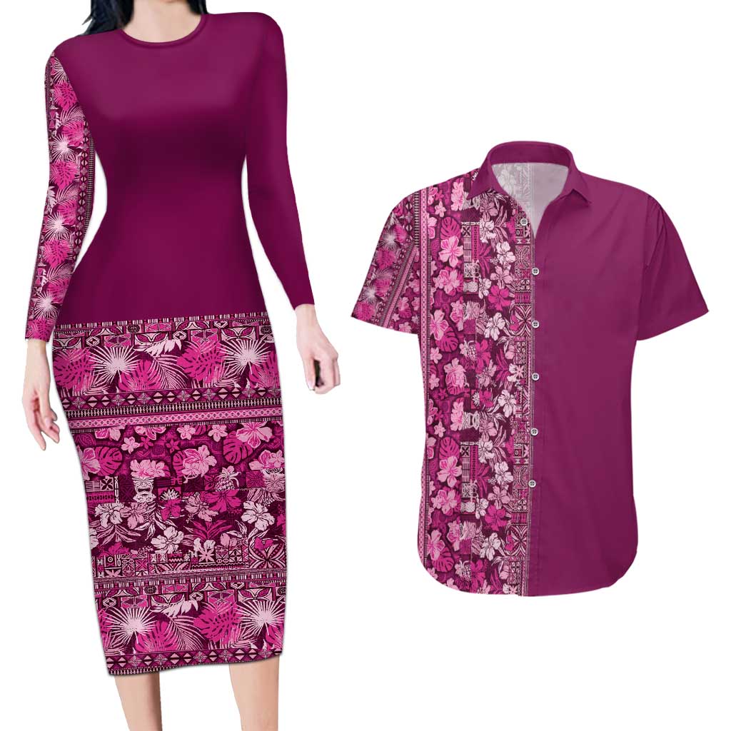 Hawaiian Tribal Elements Hibiscus Couples Matching Long Sleeve Bodycon Dress and Hawaiian Shirt Pink Pattern - Polynesian Pride