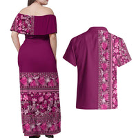 Hawaiian Tribal Elements Hibiscus Couples Matching Off Shoulder Maxi Dress and Hawaiian Shirt Pink Pattern - Polynesian Pride