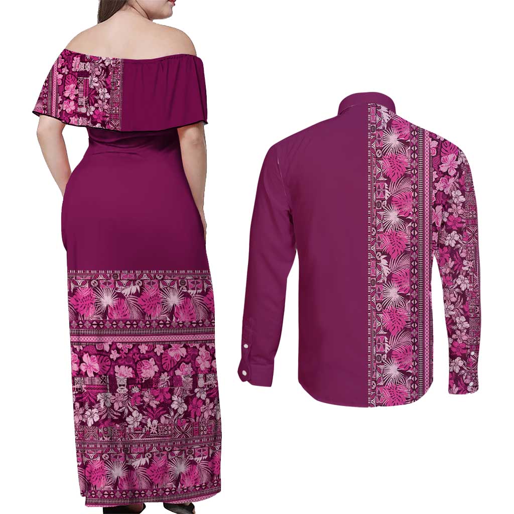 Hawaiian Tribal Elements Hibiscus Couples Matching Off Shoulder Maxi Dress and Long Sleeve Button Shirt Pink Pattern - Polynesian Pride