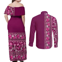 Hawaiian Tribal Elements Hibiscus Couples Matching Off Shoulder Maxi Dress and Long Sleeve Button Shirt Pink Pattern - Polynesian Pride
