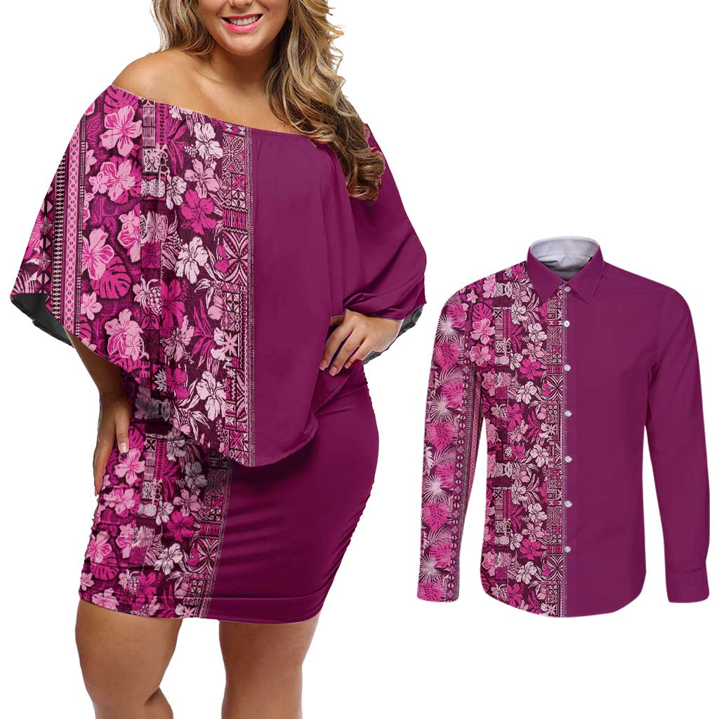 Hawaiian Tribal Elements Hibiscus Couples Matching Off Shoulder Short Dress and Long Sleeve Button Shirt Pink Pattern - Polynesian Pride