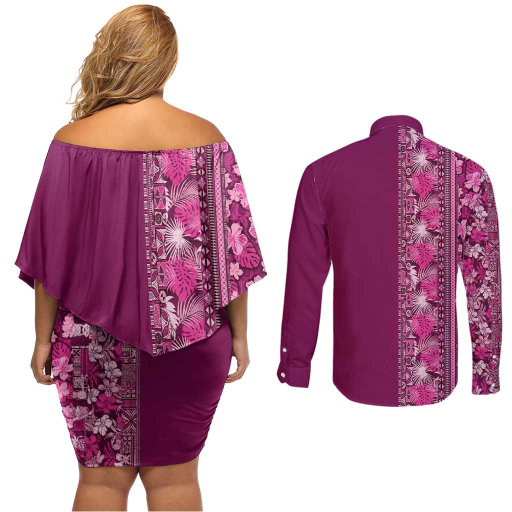 Hawaiian Tribal Elements Hibiscus Couples Matching Off Shoulder Short Dress and Long Sleeve Button Shirt Pink Pattern - Polynesian Pride