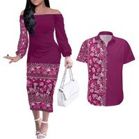 Hawaiian Tribal Elements Hibiscus Couples Matching Off The Shoulder Long Sleeve Dress and Hawaiian Shirt Pink Pattern - Polynesian Pride