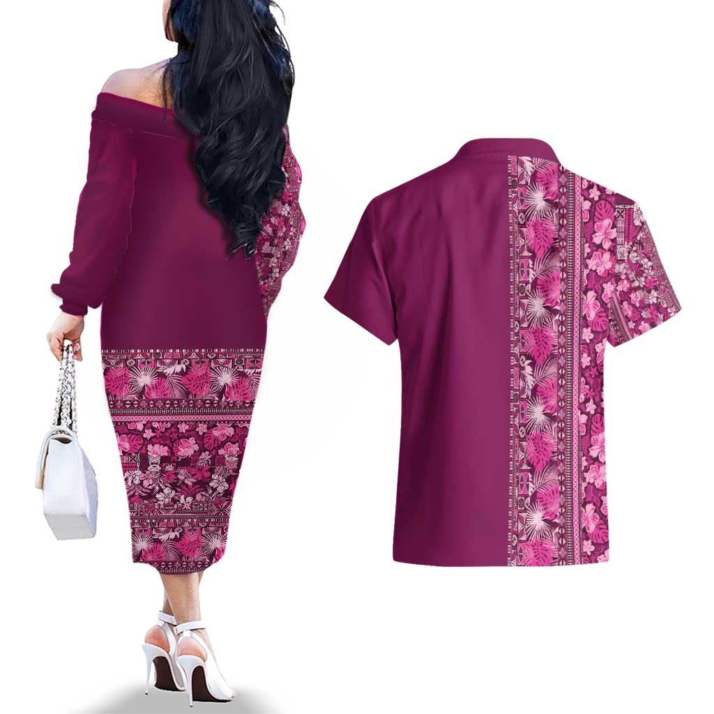 Hawaiian Tribal Elements Hibiscus Couples Matching Off The Shoulder Long Sleeve Dress and Hawaiian Shirt Pink Pattern - Polynesian Pride