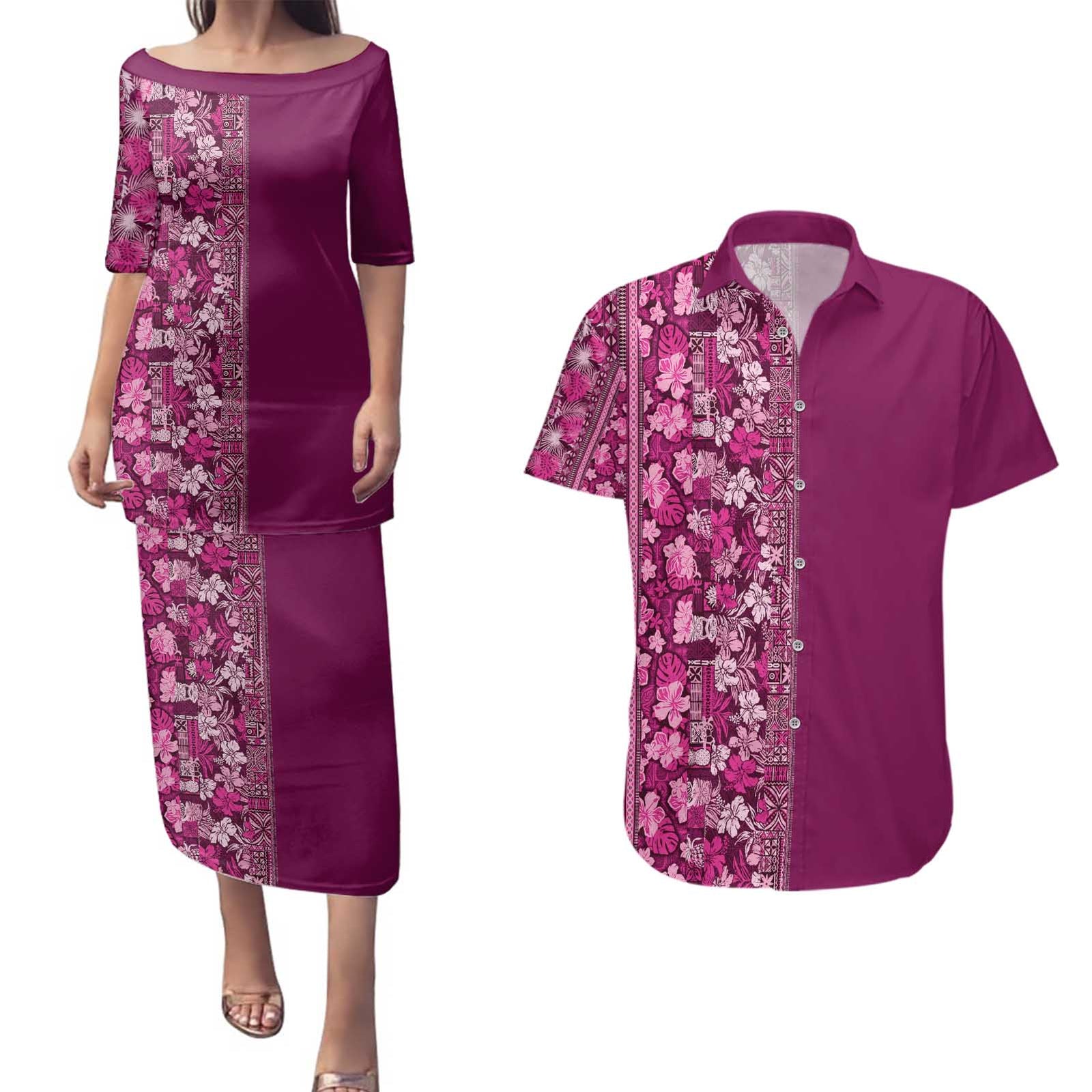 Hawaiian Tribal Elements Hibiscus Couples Matching Puletasi and Hawaiian Shirt Pink Pattern LT9 Pink - Polynesian Pride