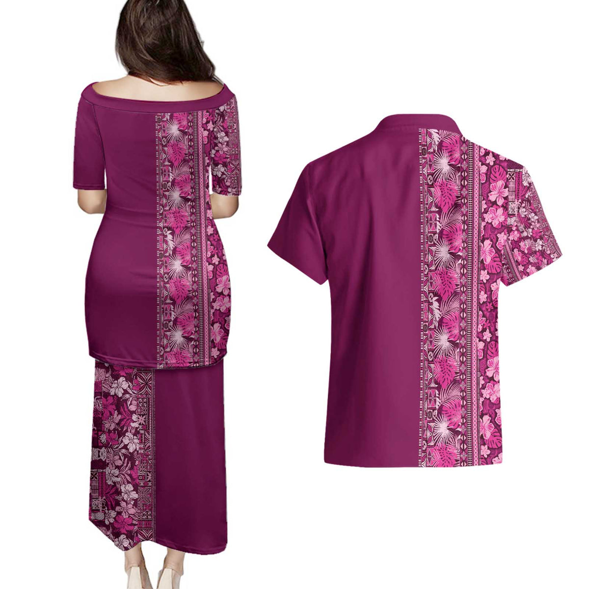 Hawaiian Tribal Elements Hibiscus Couples Matching Puletasi and Hawaiian Shirt Pink Pattern - Polynesian Pride