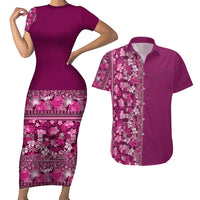Hawaiian Tribal Elements Hibiscus Couples Matching Short Sleeve Bodycon Dress and Hawaiian Shirt Pink Pattern - Polynesian Pride