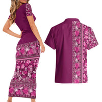 Hawaiian Tribal Elements Hibiscus Couples Matching Short Sleeve Bodycon Dress and Hawaiian Shirt Pink Pattern - Polynesian Pride