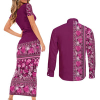 Hawaiian Tribal Elements Hibiscus Couples Matching Short Sleeve Bodycon Dress and Long Sleeve Button Shirt Pink Pattern - Polynesian Pride