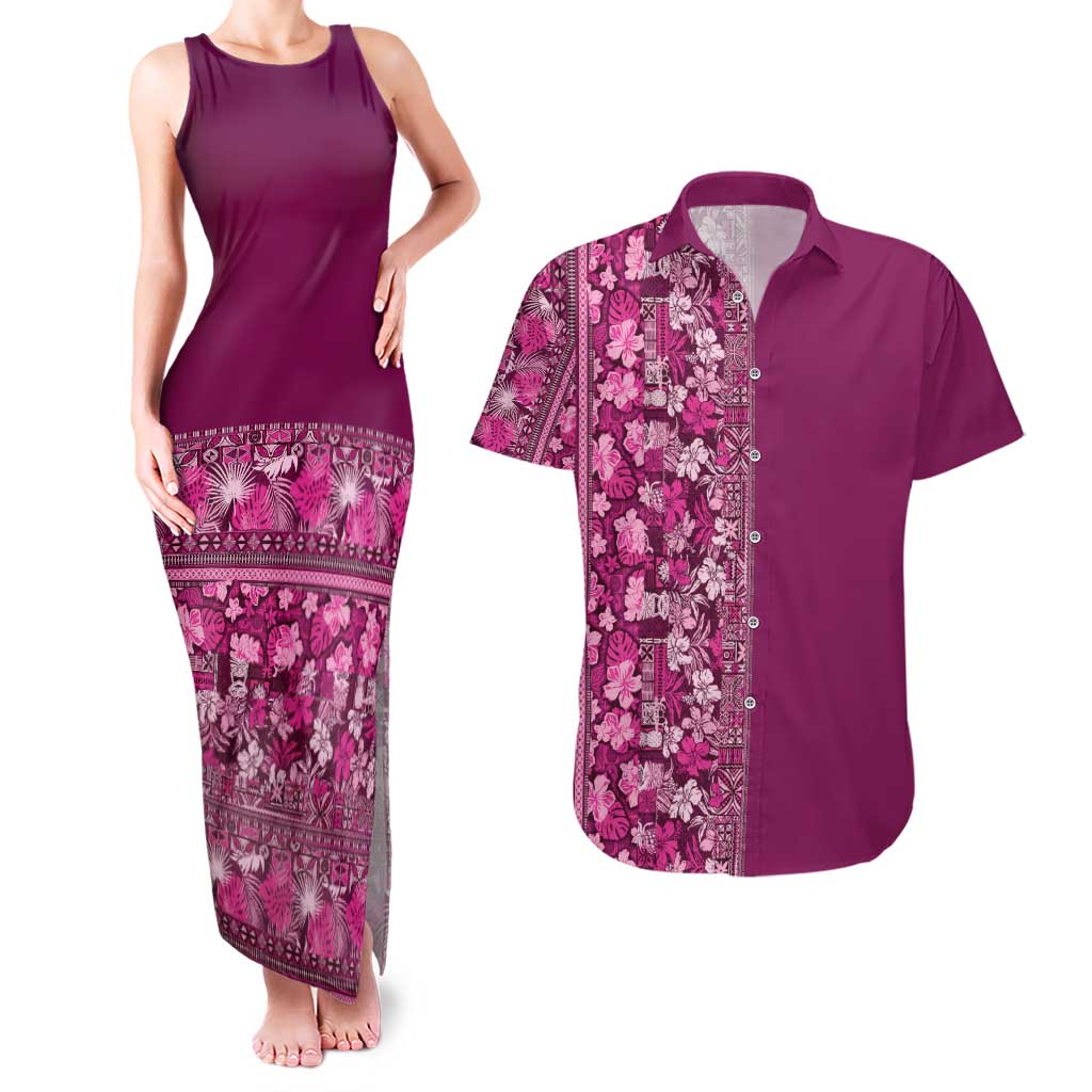 Hawaiian Tribal Elements Hibiscus Couples Matching Tank Maxi Dress and Hawaiian Shirt Pink Pattern - Polynesian Pride