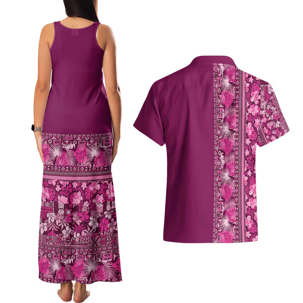 Hawaiian Tribal Elements Hibiscus Couples Matching Tank Maxi Dress and Hawaiian Shirt Pink Pattern - Polynesian Pride