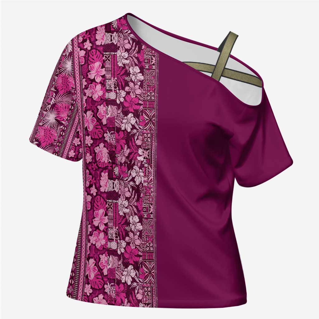 Hawaiian Tribal Elements Hibiscus Cross Shoulder Shirt Pink Pattern LT9 Female Pink - Polynesian Pride