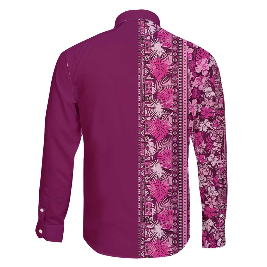 Hawaiian Tribal Elements Hibiscus Family Matching Long Sleeve Bodycon Dress and Hawaiian Shirt Pink Pattern - Polynesian Pride