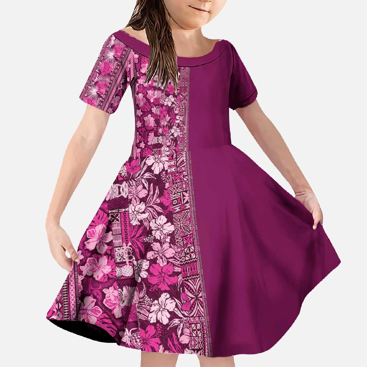 Hawaiian Tribal Elements Hibiscus Family Matching Off The Shoulder Long Sleeve Dress and Hawaiian Shirt Pink Pattern LT9 Daughter's Dress Pink - Polynesian Pride