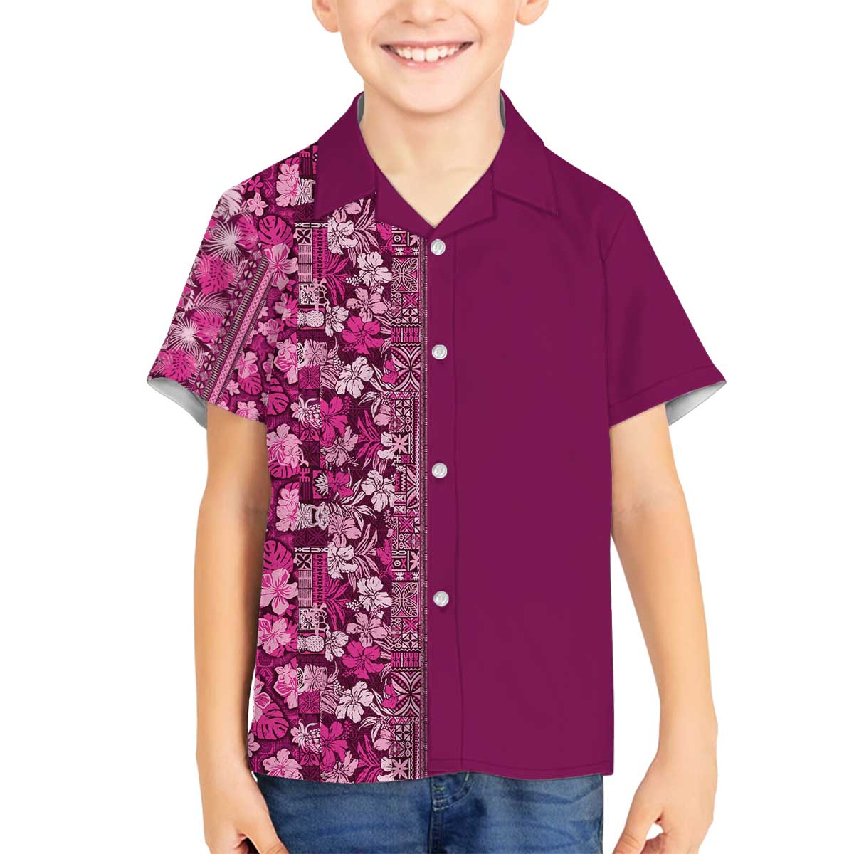 Hawaiian Tribal Elements Hibiscus Family Matching Off The Shoulder Long Sleeve Dress and Hawaiian Shirt Pink Pattern LT9 Son's Shirt Pink - Polynesian Pride