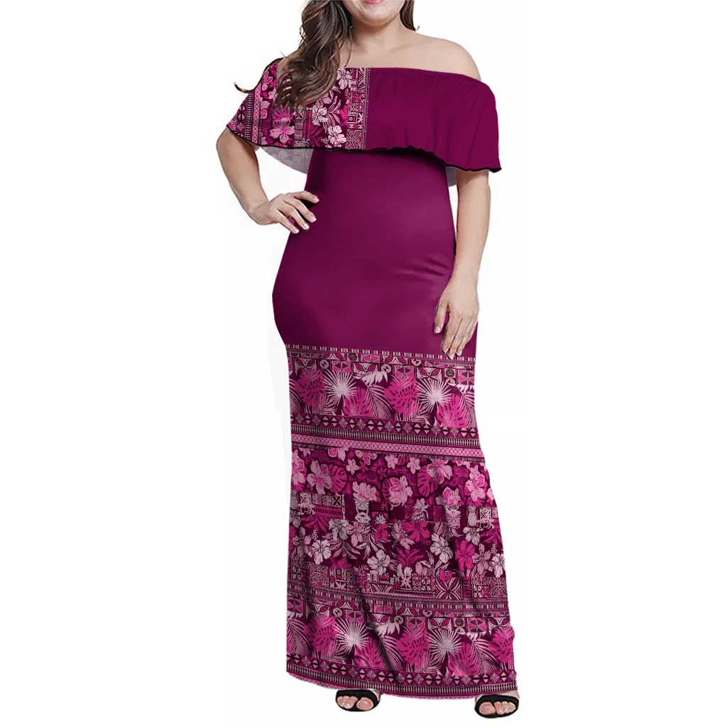 Hawaiian Tribal Elements Hibiscus Family Matching Off Shoulder Maxi Dress and Hawaiian Shirt Pink Pattern - Polynesian Pride