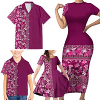 Hawaiian Tribal Elements Hibiscus Family Matching Short Sleeve Bodycon Dress and Hawaiian Shirt Pink Pattern - Polynesian Pride