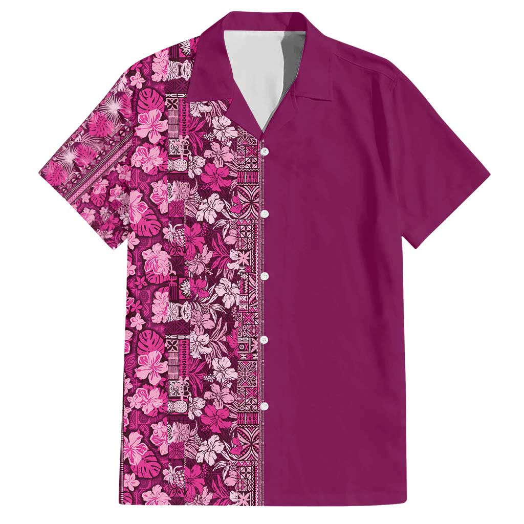 Hawaiian Tribal Elements Hibiscus Family Matching Short Sleeve Bodycon Dress and Hawaiian Shirt Pink Pattern - Polynesian Pride
