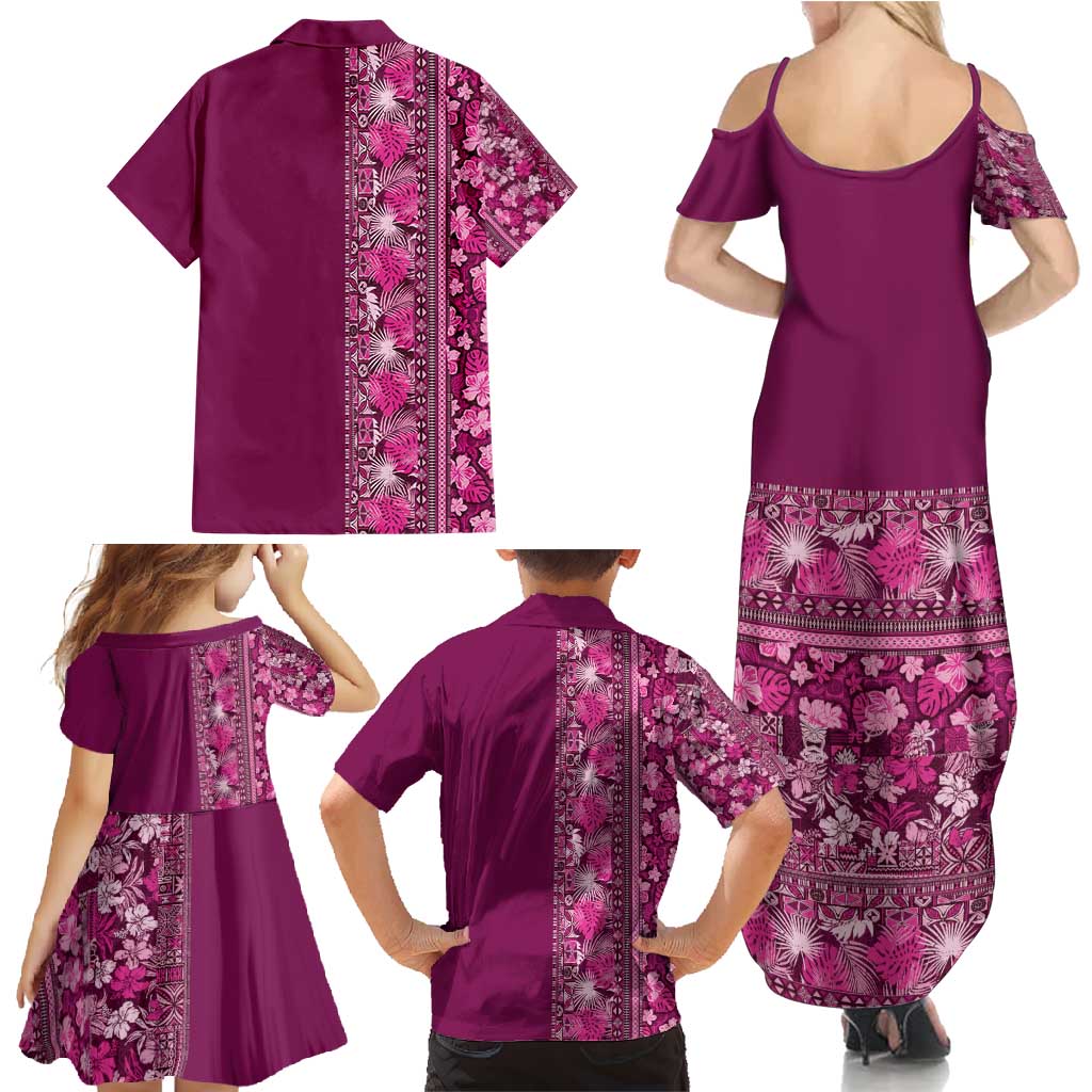 Hawaiian Tribal Elements Hibiscus Family Matching Summer Maxi Dress and Hawaiian Shirt Pink Pattern - Polynesian Pride