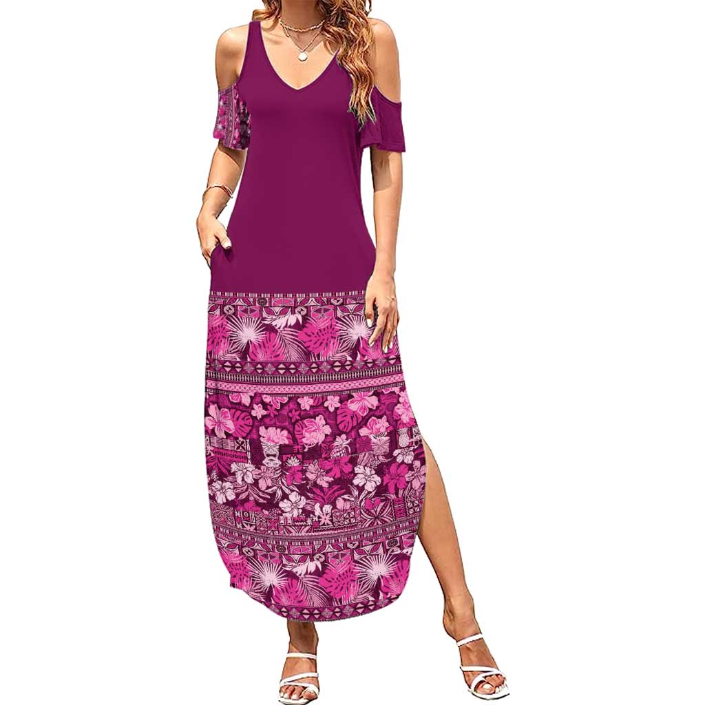 Hawaiian Tribal Elements Hibiscus Family Matching Summer Maxi Dress and Hawaiian Shirt Pink Pattern - Polynesian Pride