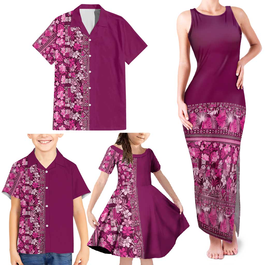 Hawaiian Tribal Elements Hibiscus Family Matching Tank Maxi Dress and Hawaiian Shirt Pink Pattern - Polynesian Pride