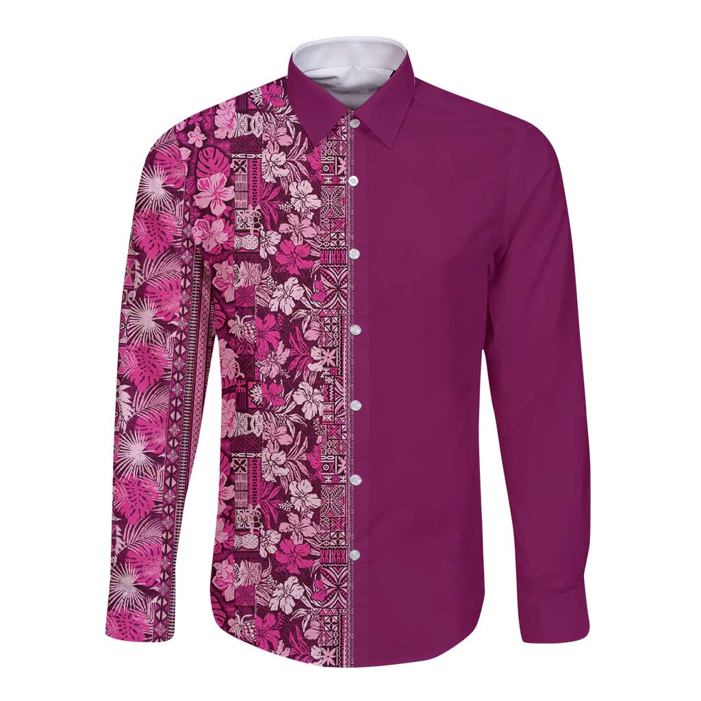 Hawaiian Tribal Elements Hibiscus Long Sleeve Button Shirt Pink Pattern LT9 Unisex Pink - Polynesian Pride
