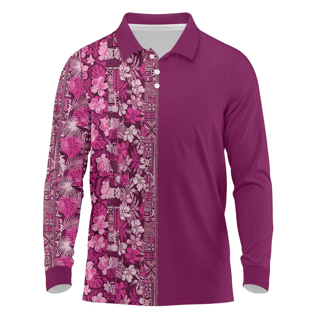 Hawaiian Tribal Elements Hibiscus Long Sleeve Polo Shirt Pink Pattern - Polynesian Pride