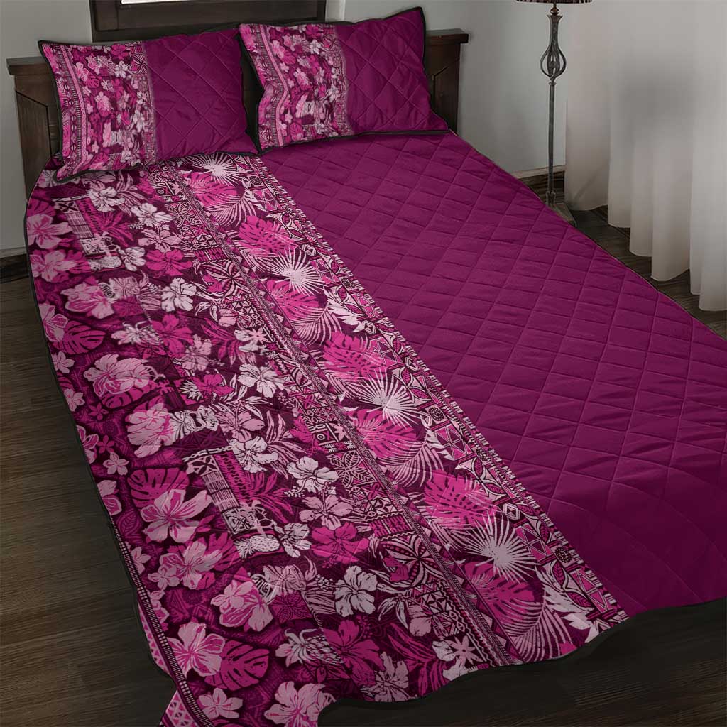 Hawaiian Tribal Elements Hibiscus Quilt Bed Set Pink Pattern - Polynesian Pride