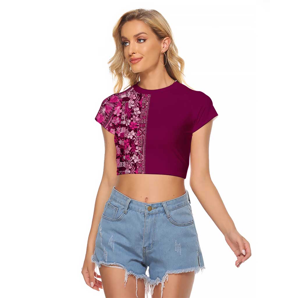 Hawaiian Tribal Elements Hibiscus Raglan Cropped T Shirt Pink Pattern - Polynesian Pride