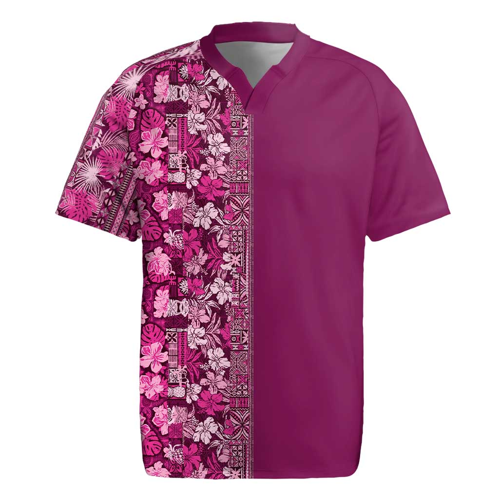 Hawaiian Tribal Elements Hibiscus Rugby Jersey Pink Pattern - Polynesian Pride