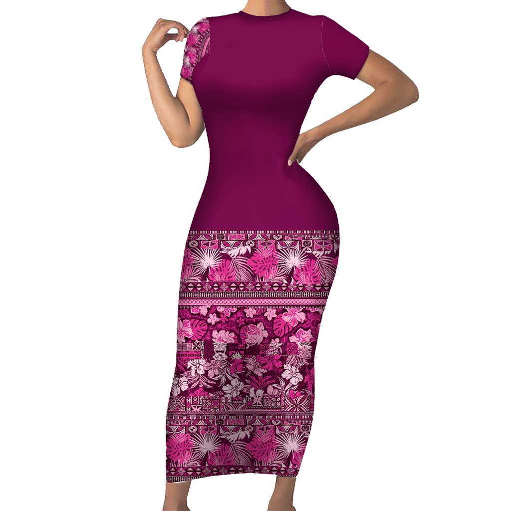 Hawaiian Tribal Elements Hibiscus Short Sleeve Bodycon Dress Pink Pattern - Polynesian Pride